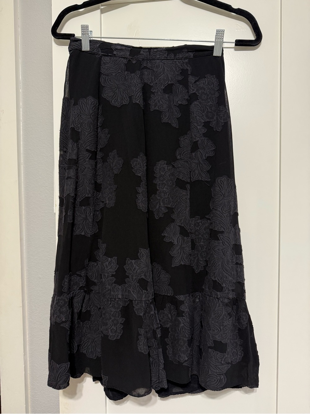 Aritzia Wilfred Black Midi Skirt with Dark Floral Pattern